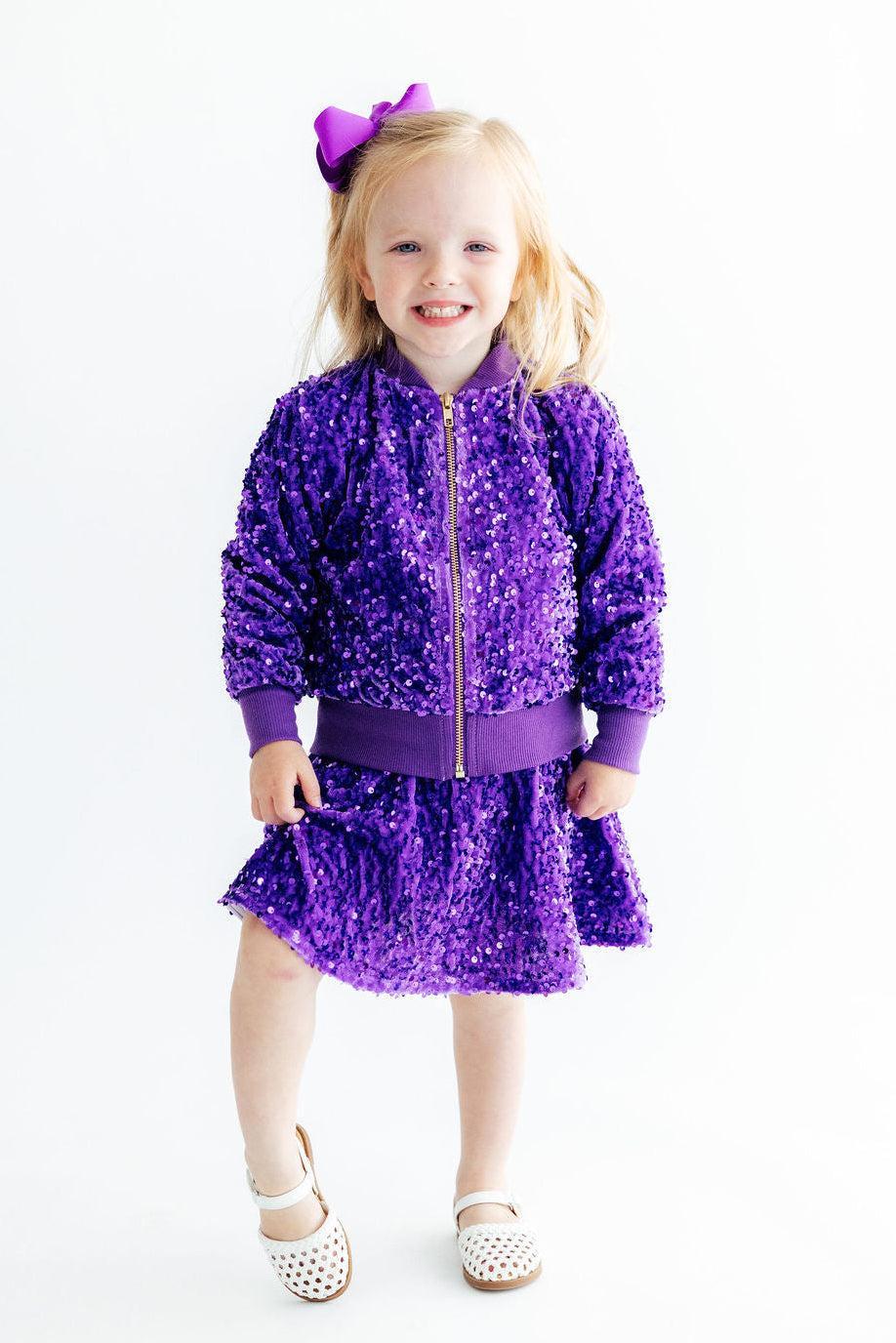 Purple velvet sequin twirl skort with built-in shorts