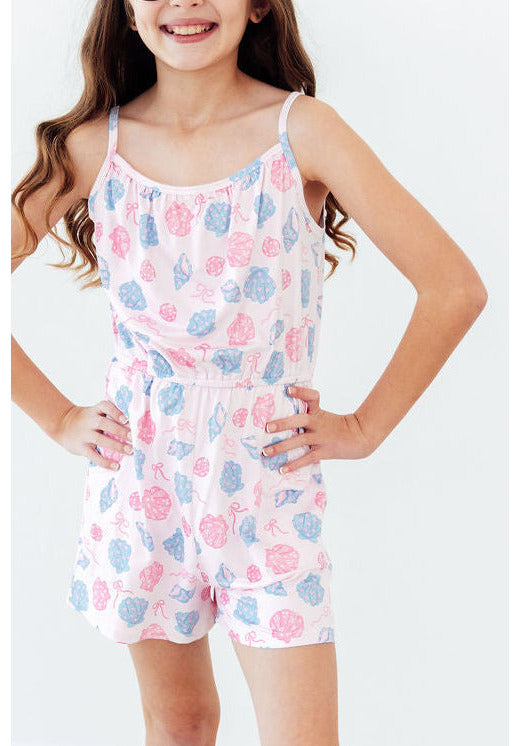 Strappy sleeveless baby romper with seashell print and pockets