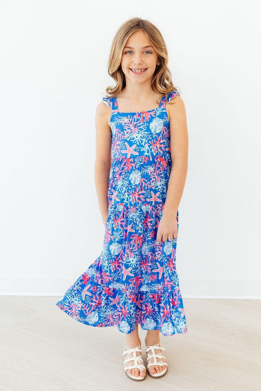 Coral Cove ruffle maxi dress for girls with a shoulder ruffle and open back cutout