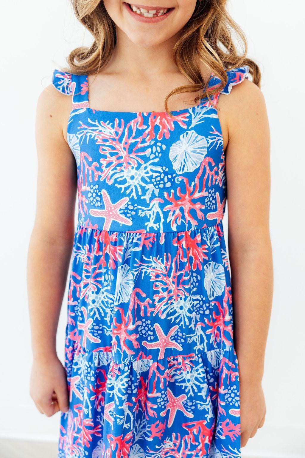 Girls' Ruffle Maxi Dress - Coral Cove Print