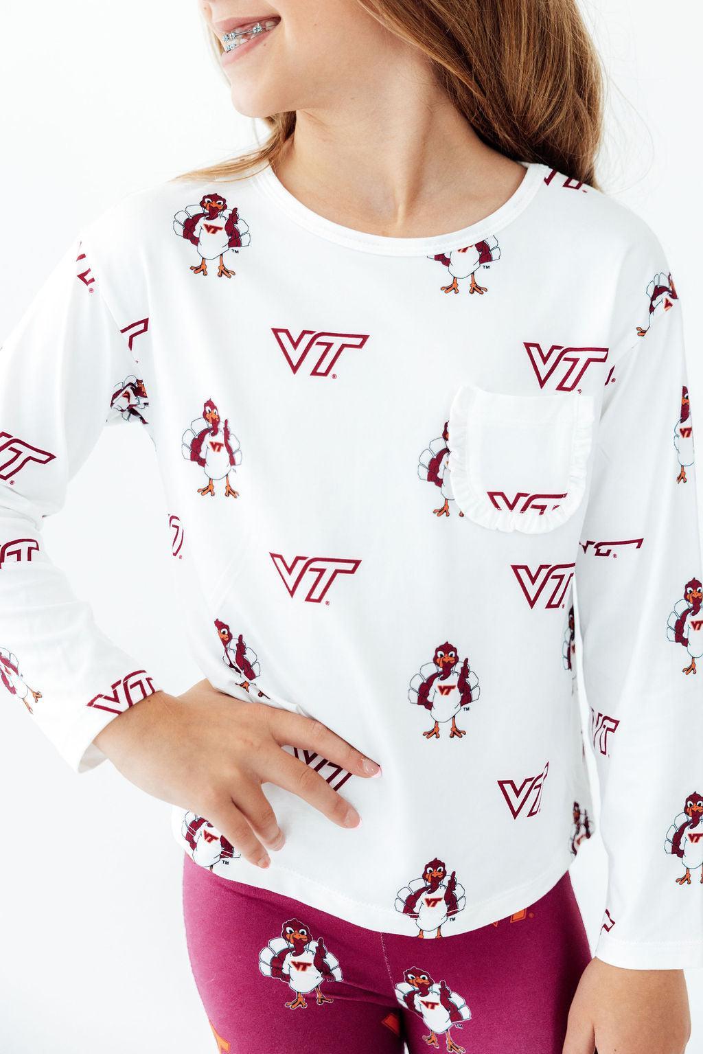 Virginia Tech White Hokie L/S Ruffle Pocket Tee by Mila & Rose ®