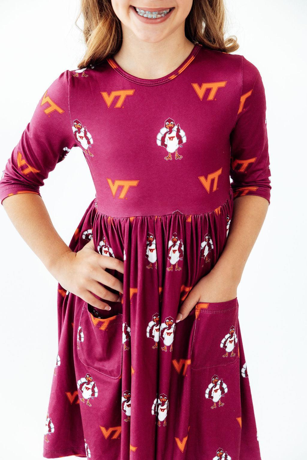 Virginia Tech Maroon Hokie 3/4 Sleeve Pocket Twirl Dress by Mila & Rose ®