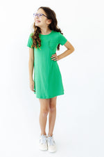 Kelly green t-shirt dress with a ruffle front pocket