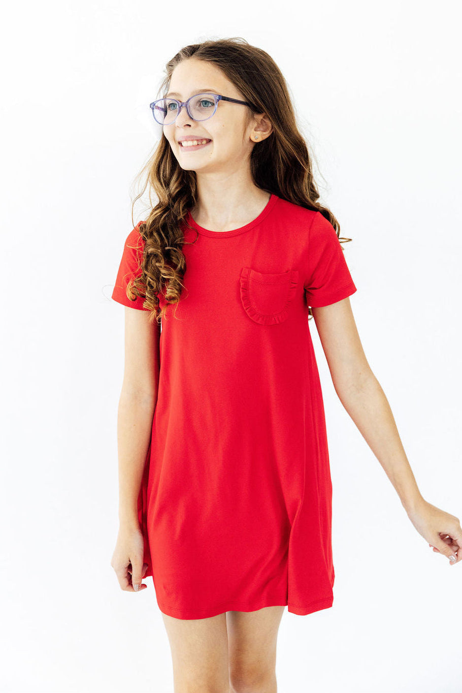 Red t-shirt dress with a ruffle pocket