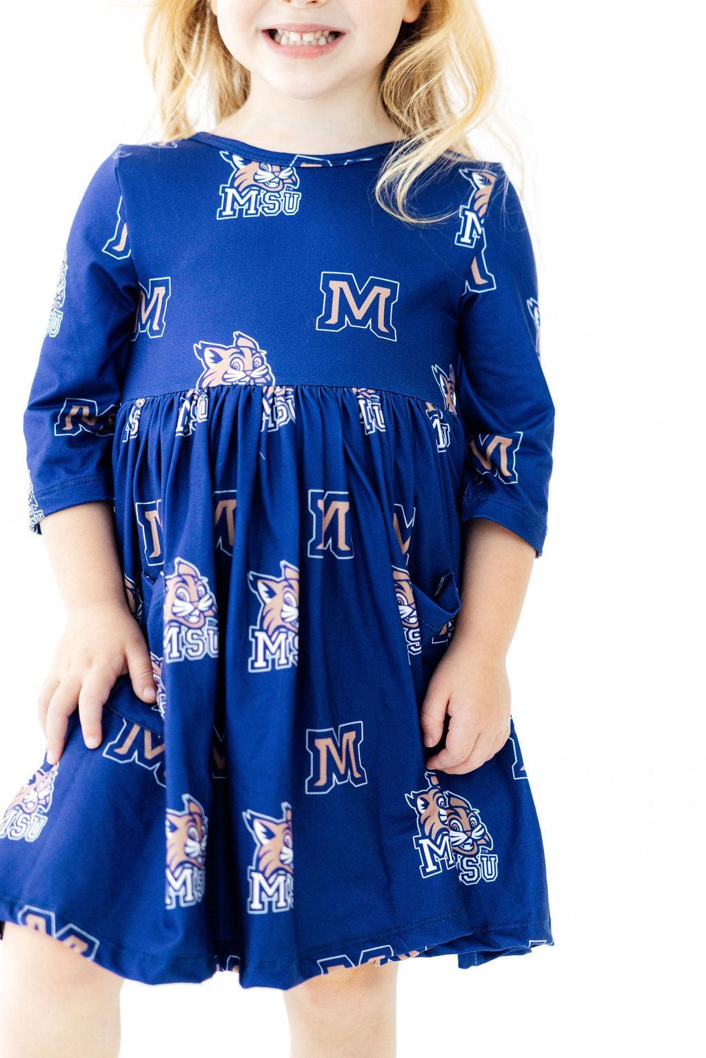 Montana State University Blue Bobcat 3/4 Sleeve Pocket Twirl Dress by Mila & Rose ®