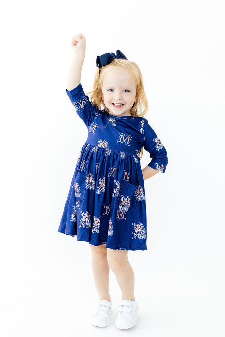 Montana State University Blue Bobcat 3/4 Sleeve Pocket Twirl Dress by Mila & Rose ®