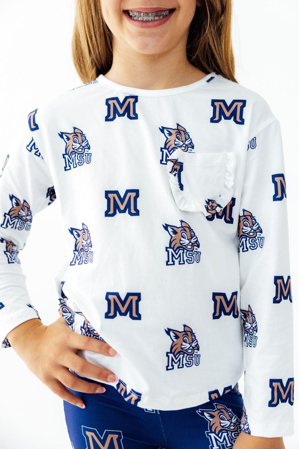 Montana State University White Bobcat L/S Ruffle Pocket Tee by Mila & Rose ®