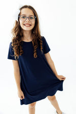 Navy t-shirt dress with a ruffle pocket