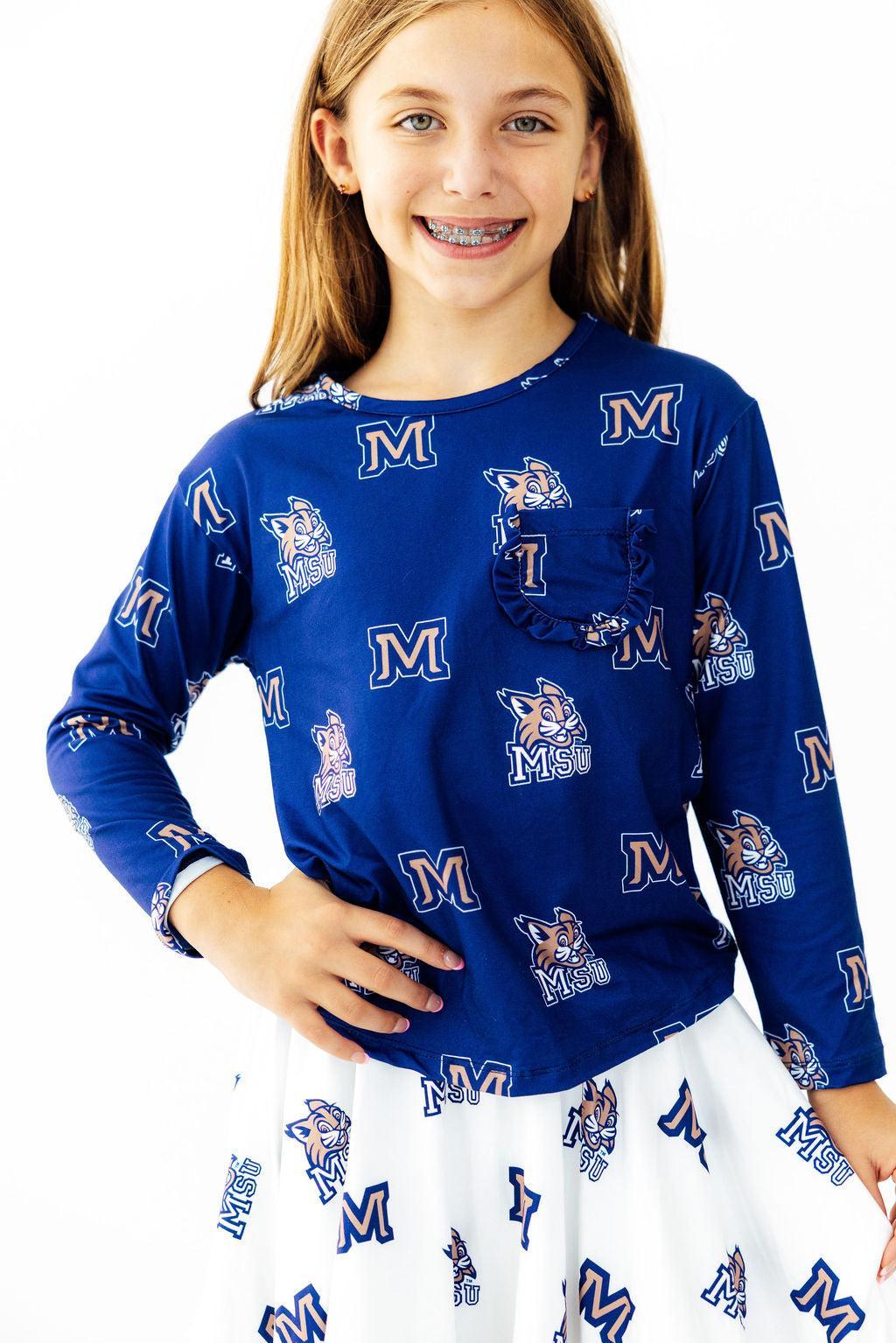 Montana State University Blue Bobcat L/S Ruffle Pocket Tee by Mila & Rose ®