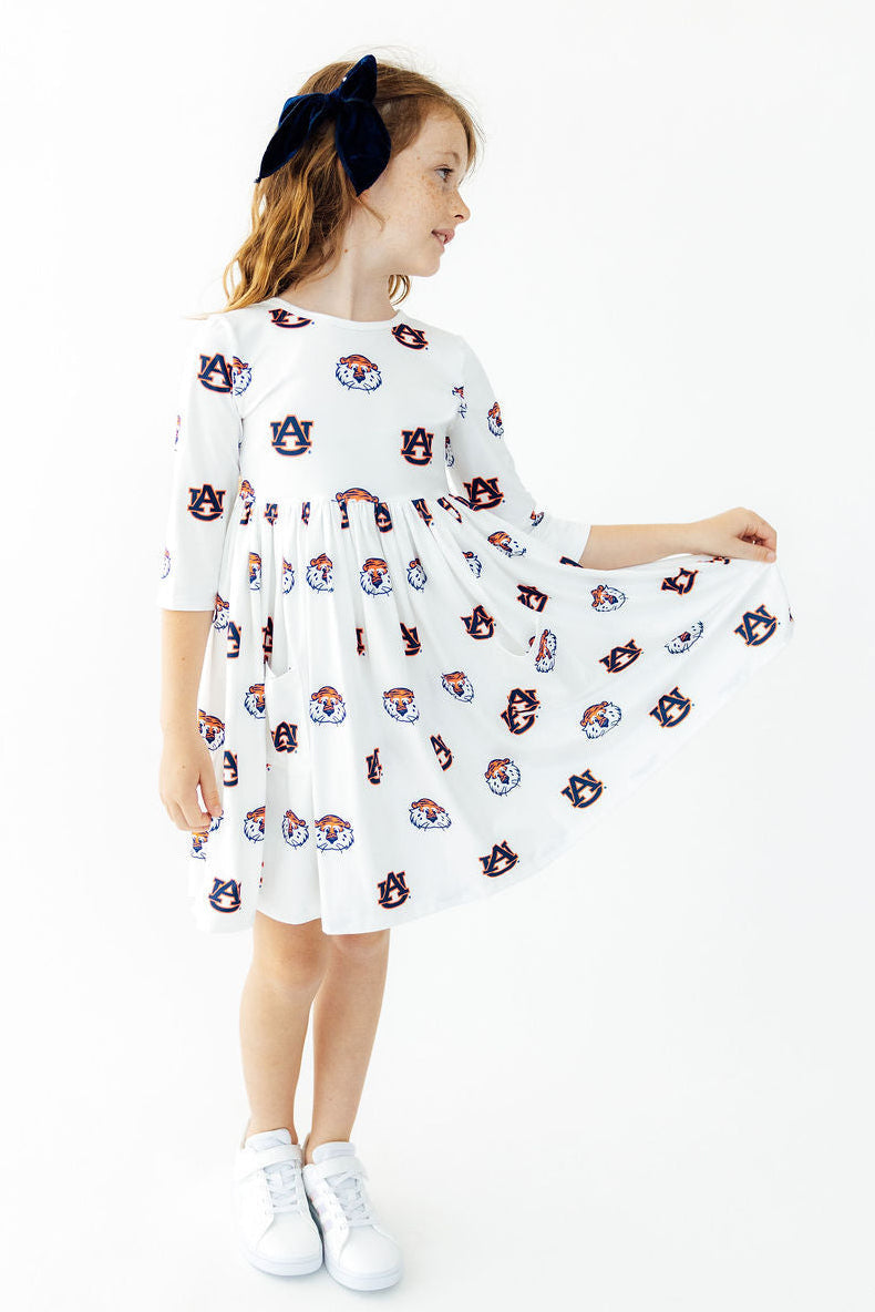 Girls' 3/4 sleeve twirl dress with pockets in auburn and white