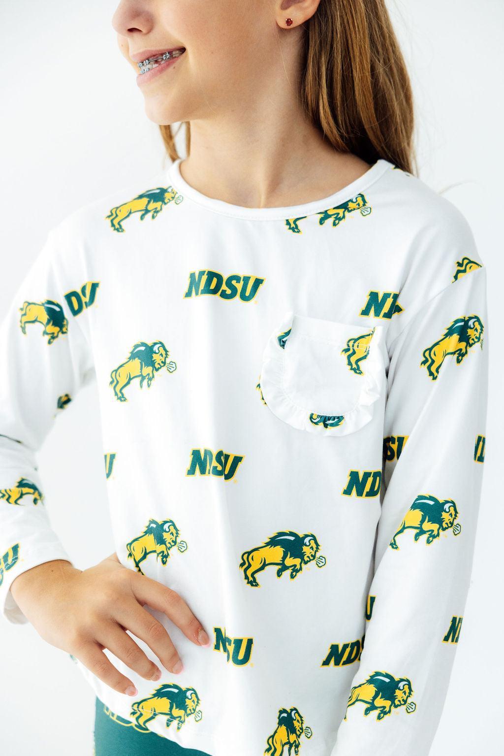 North Dakota State University White Bison L/S Ruffle Pocket Tee by Mila & Rose ®
