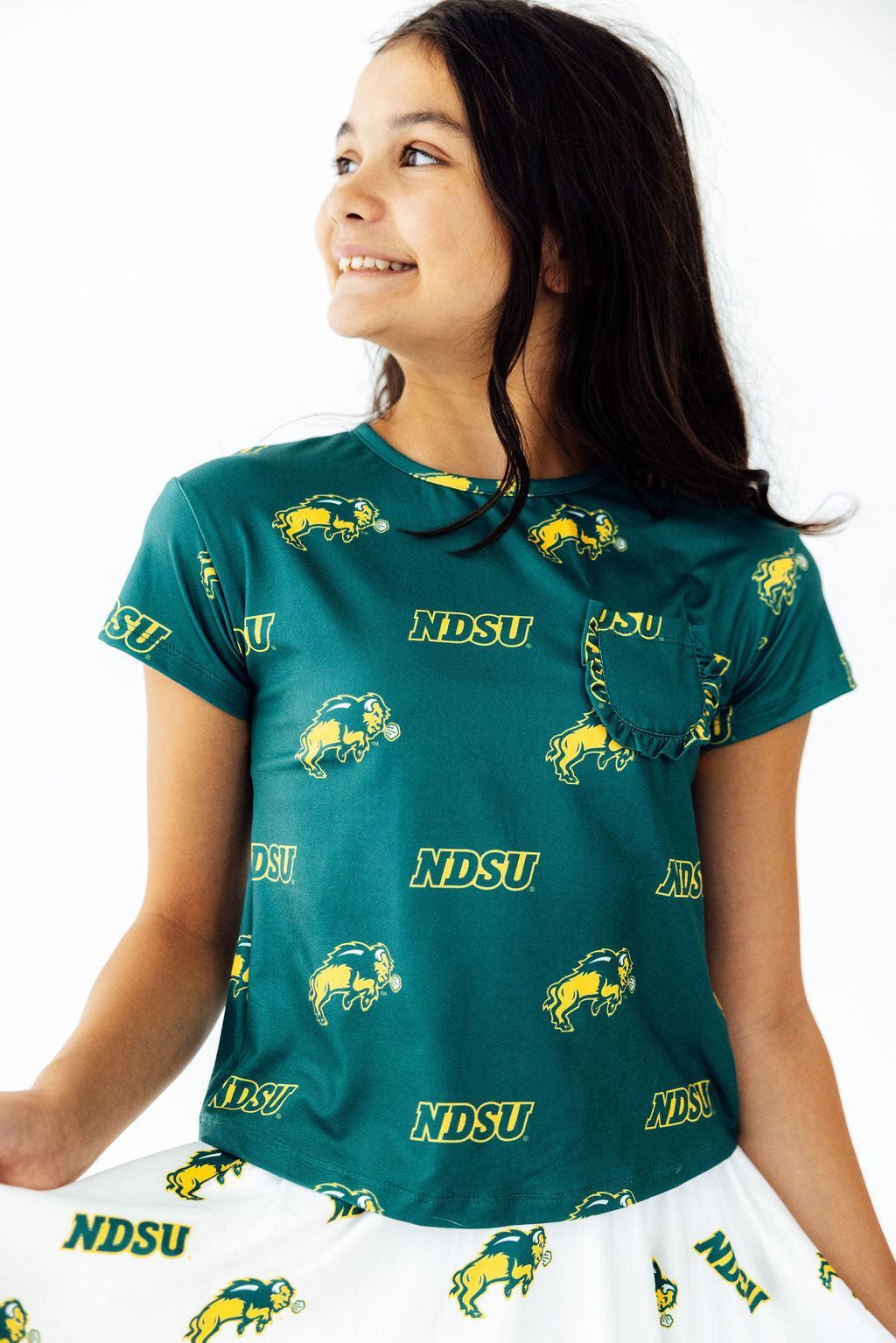 North Dakota State University Green Bison Ruffle Pocket Tee by Mila & Rose ®