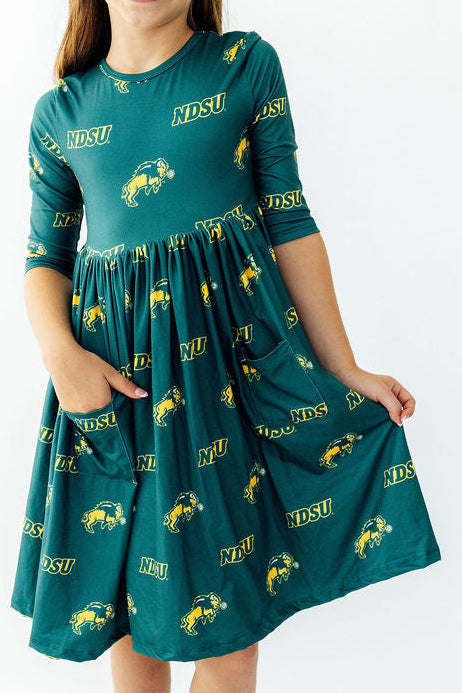 North Dakota State University Green Bison 3/4 Sleeve Pocket Twirl Dress by Mila & Rose ®