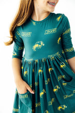 North Dakota State University Green Bison 3/4 Sleeve Pocket Twirl Dress by Mila & Rose ®