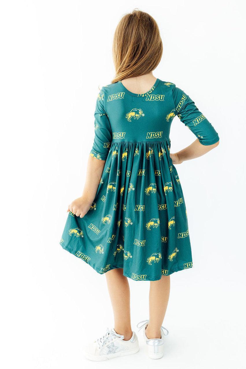North Dakota State University Green Bison 3/4 Sleeve Pocket Twirl Dress by Mila & Rose ®
