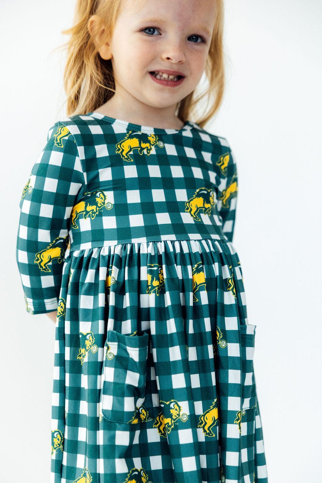 North Dakota State University Plaid Bison 3/4 Sleeve Pocket Twirl Dress by Mila & Rose ®