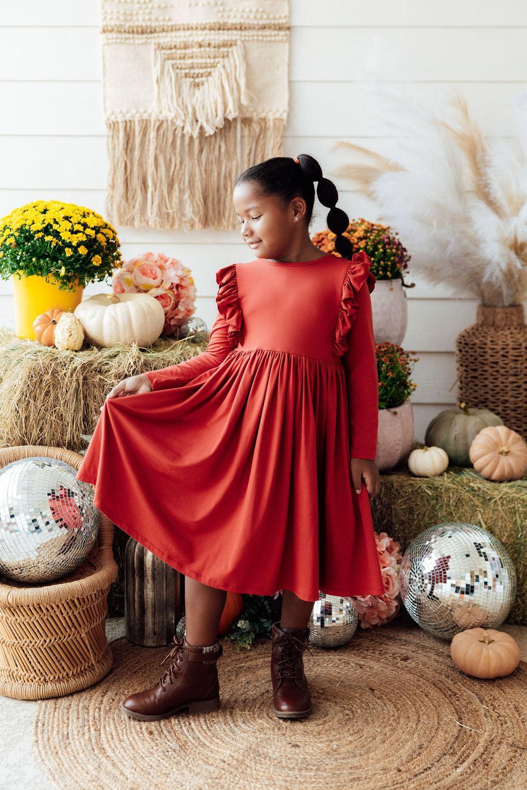 Polyester/Spandex Long Sleeve Ruffle Twirl Dress, Pumpkin Spice