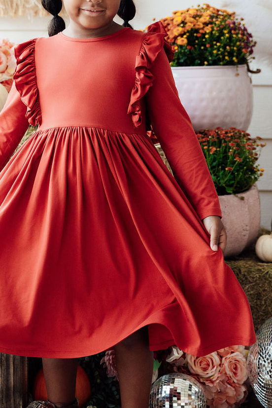 Polyester/Spandex Long Sleeve Ruffle Twirl Dress, Pumpkin Spice