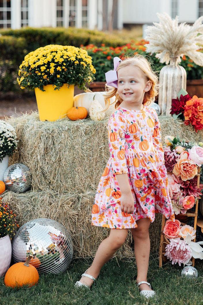 Pumpkin Party 3/4 Sleeve Pocket Twirl Dress by Mila & Rose ®