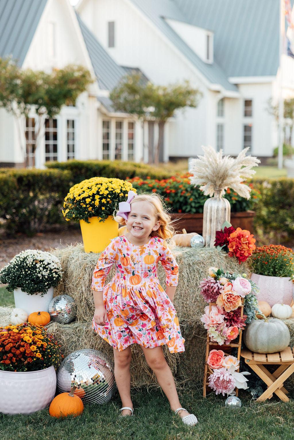 Pumpkin Party 3/4 Sleeve Pocket Twirl Dress by Mila & Rose ®
