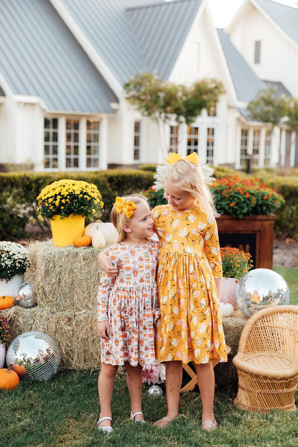 3/4 Sleeve Pocket Twirl Dress - Dandelions in Fall by Mila & Rose ®