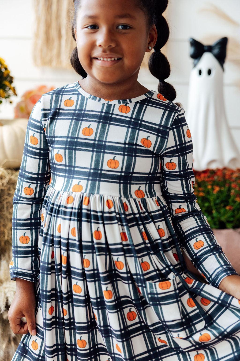 Plaid Pumpkins L/S Pocket Twirl Dress by Mila & Rose ®
