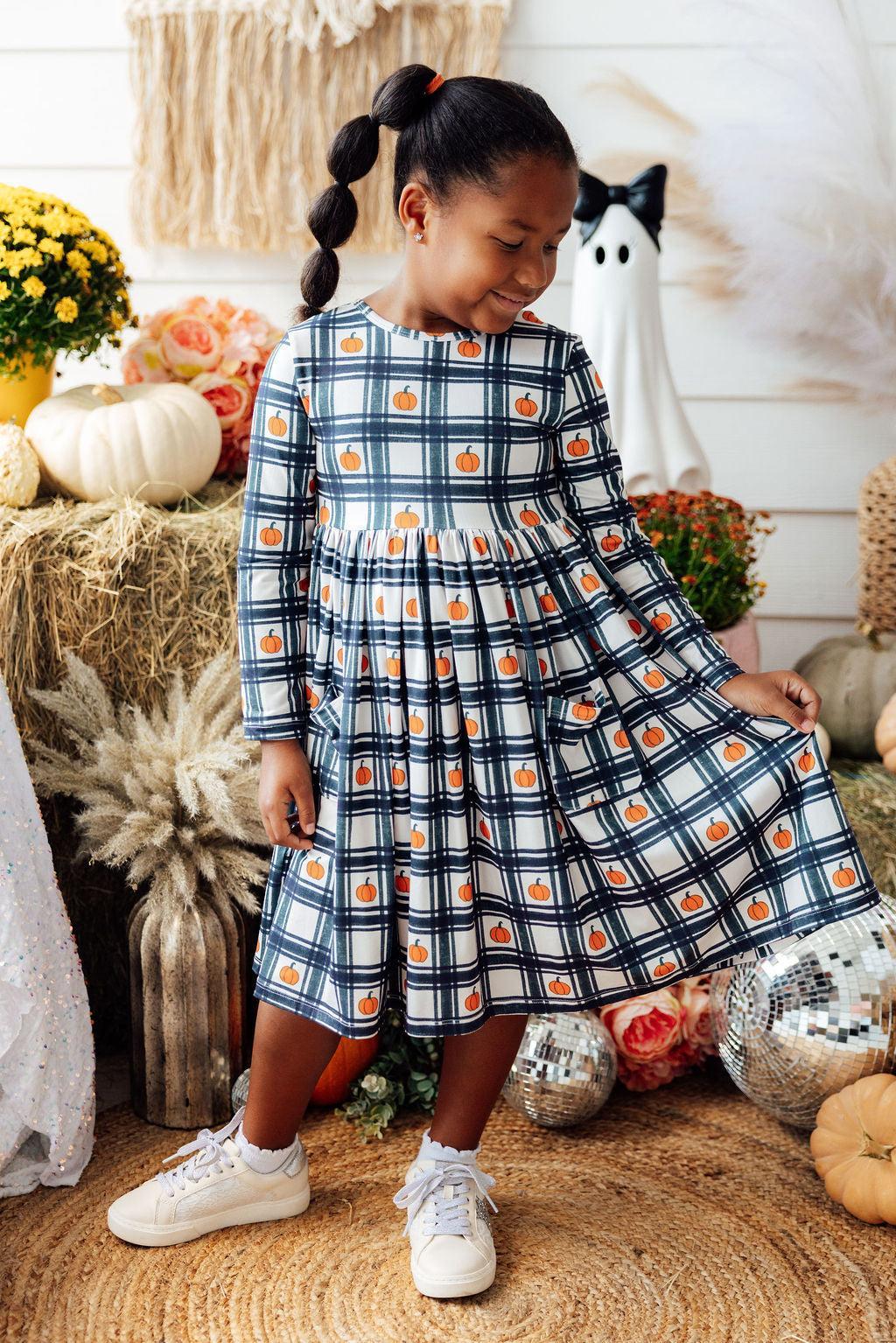 Plaid Pumpkins L/S Pocket Twirl Dress by Mila & Rose ®