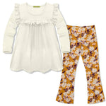 Millie Loves Lily Girls Cream Ruffle Top with Ruffles and Floral Print Leggings Set