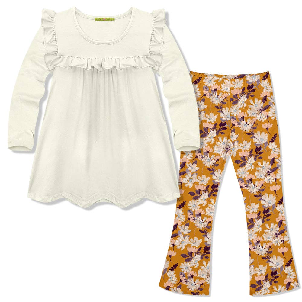 Girls two-piece set with a cream ruffle top and floral print leggings