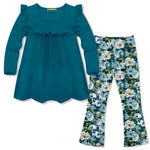 Millie Loves Lily girls' outfit: teal ruffle long-sleeve top and floral print leggings with ruffle details.