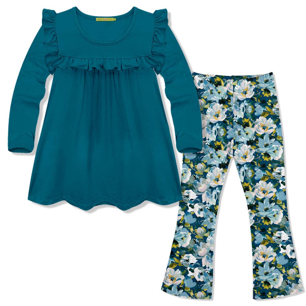 Millie Loves Lily girls' outfit: teal ruffle long-sleeve top and floral print leggings with ruffle details.