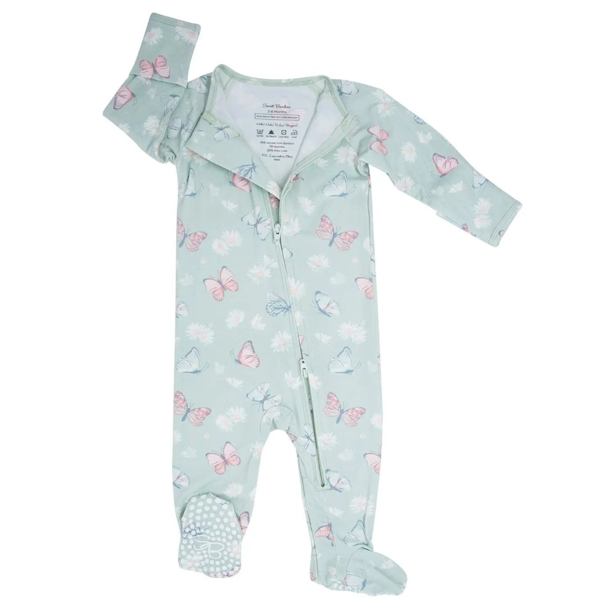 Sweet Bamboo Mint Butterfly Bamboo Zipper Footie for Babies with Silky Soft Fabric - 