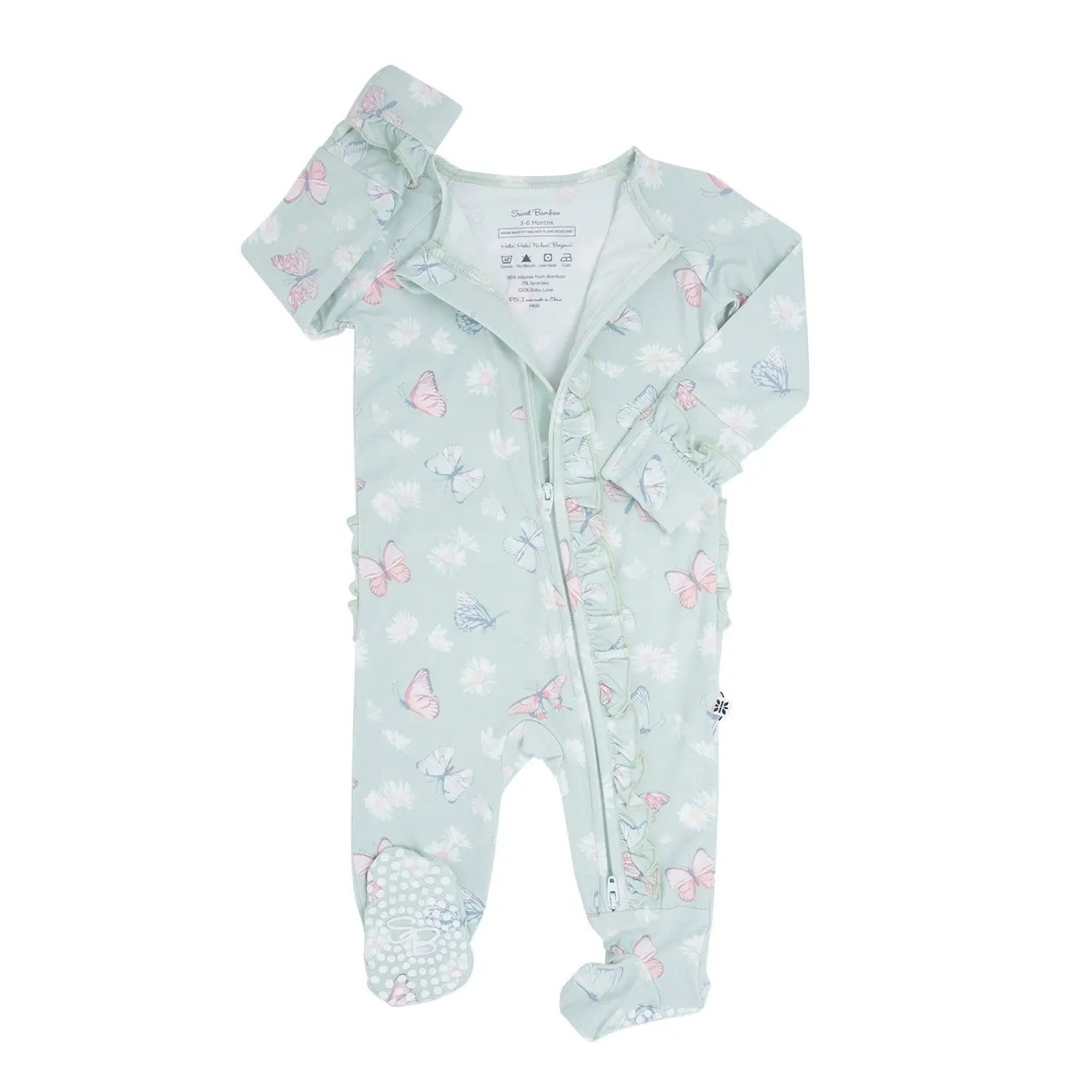 Sweet Bamboo Mint Bamboo Ruffle Baby Footie with 2 Way Zipper for Stylish Infants - Apparel & Accessories > Clothing > Baby & Toddler Clothing > Baby & Toddler Sleepwear Ruffle Footies