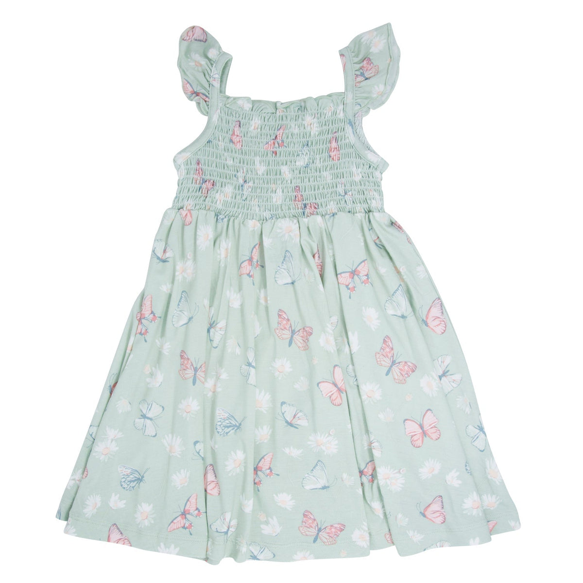 Sweet Bamboo Mint Butterfly Daisy Smocked Dress for baby girl, vintage-inspired design.