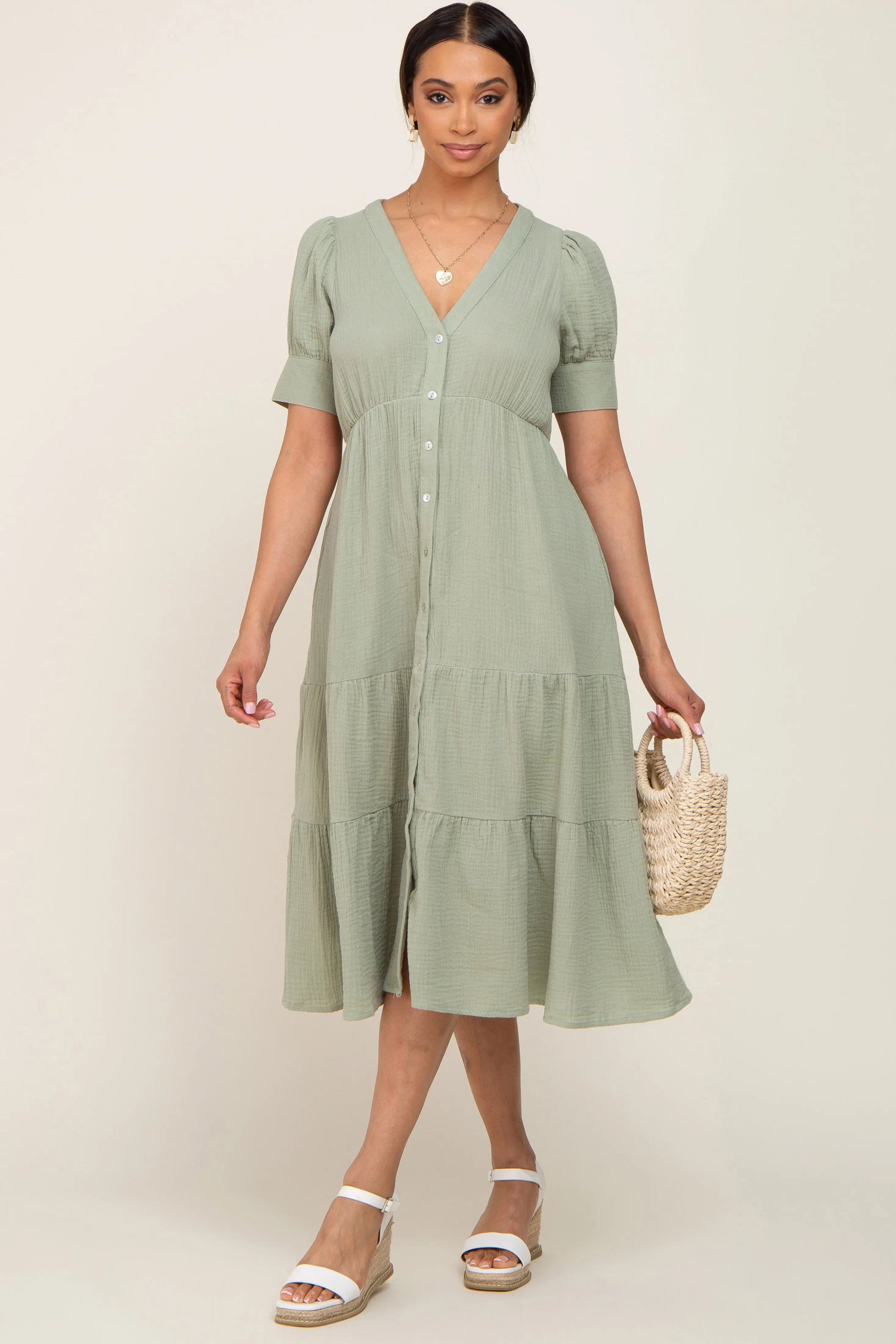Mint Button Down Short Sleeve Dress - Day Dress, One-piece garment, Dress, Person, Handbag | Everetts Place