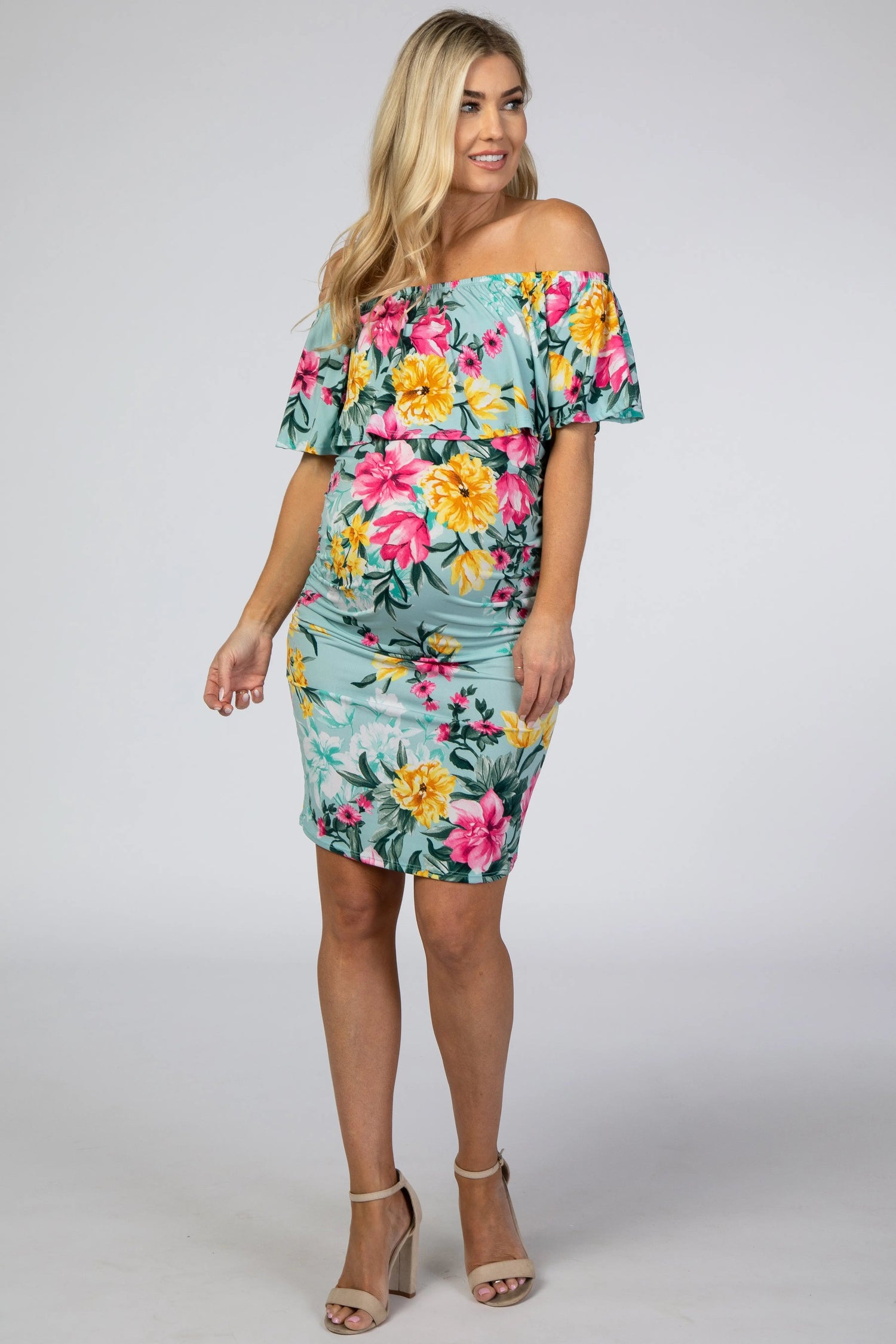 Mint Floral Off Shoulder Fitted Maternity Dress - Day Dress, One-piece garment, Waist, Floral design, Cocktail dress | Everetts Place