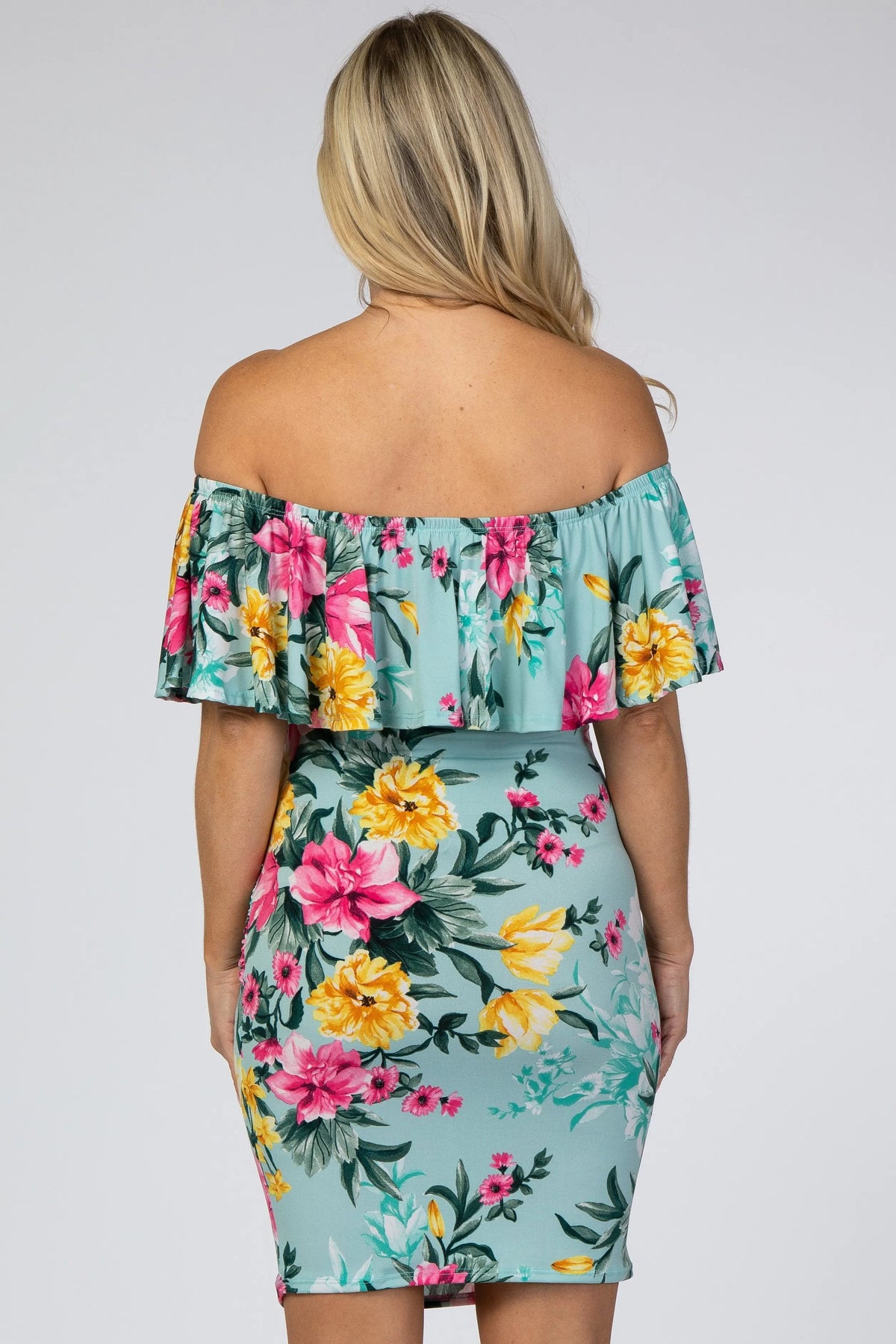 PinkBlush Mint Floral Off Shoulder Fitted Maternity Dress - 