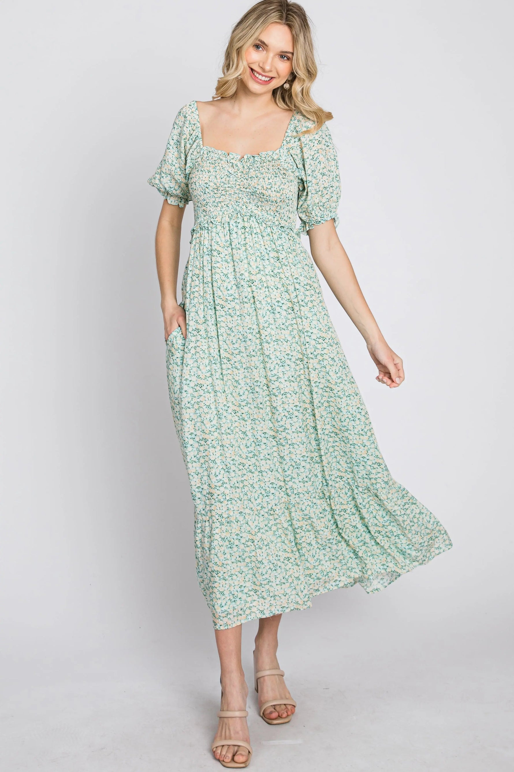 PinkBlush Mint Floral Sweetheart Neck Midi Dress - 