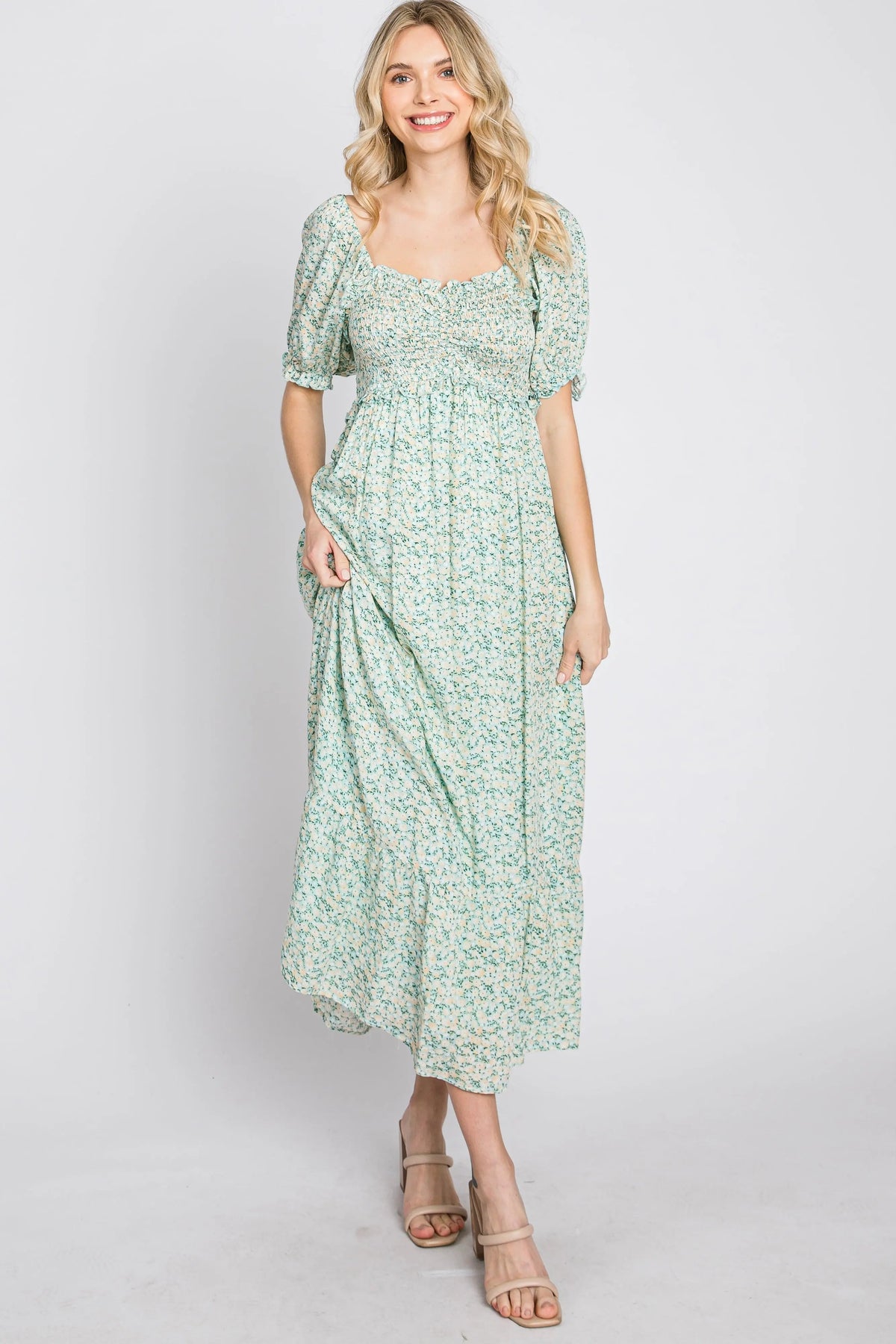 PinkBlush Mint Floral Sweetheart Neck Midi Dress - 