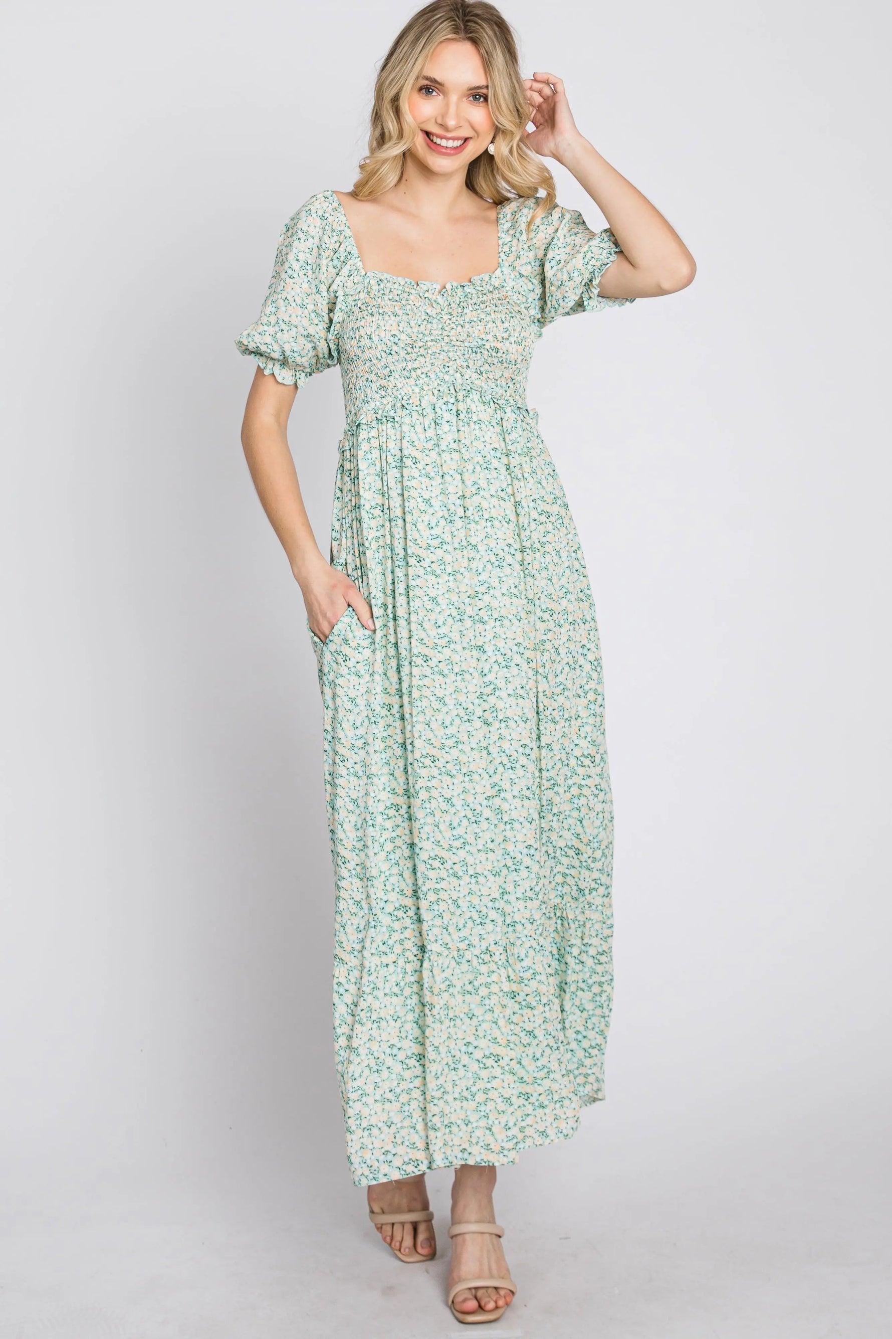 PinkBlush Mint Floral Sweetheart Neck Midi Dress - 