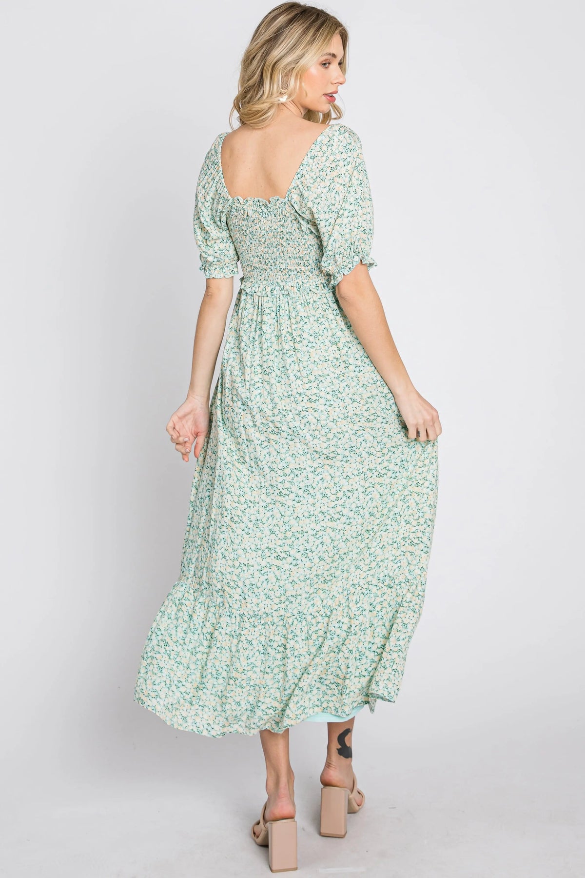 PinkBlush Mint Floral Sweetheart Neck Midi Dress - 