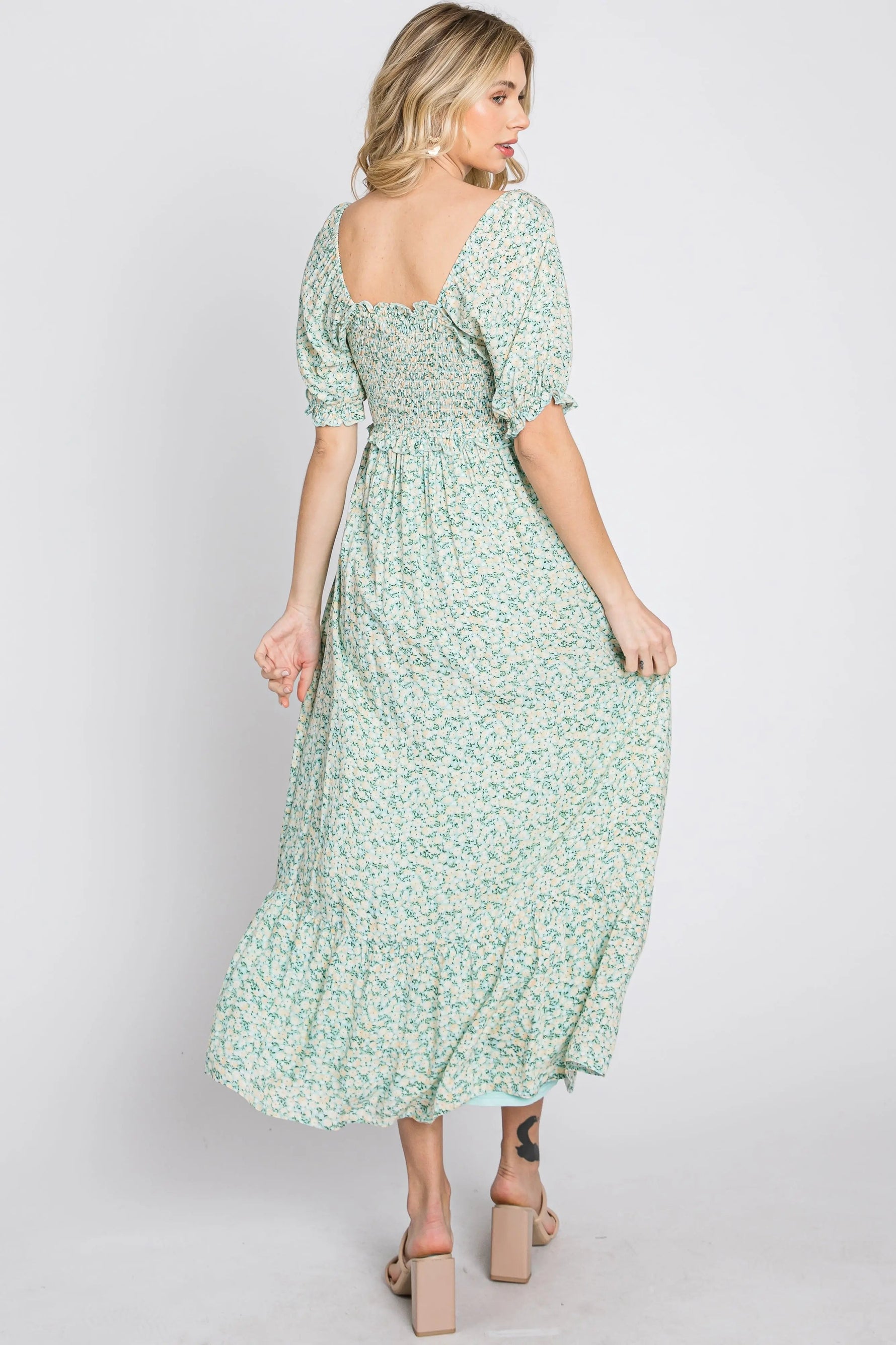 PinkBlush Mint Floral Sweetheart Neck Midi Dress - 