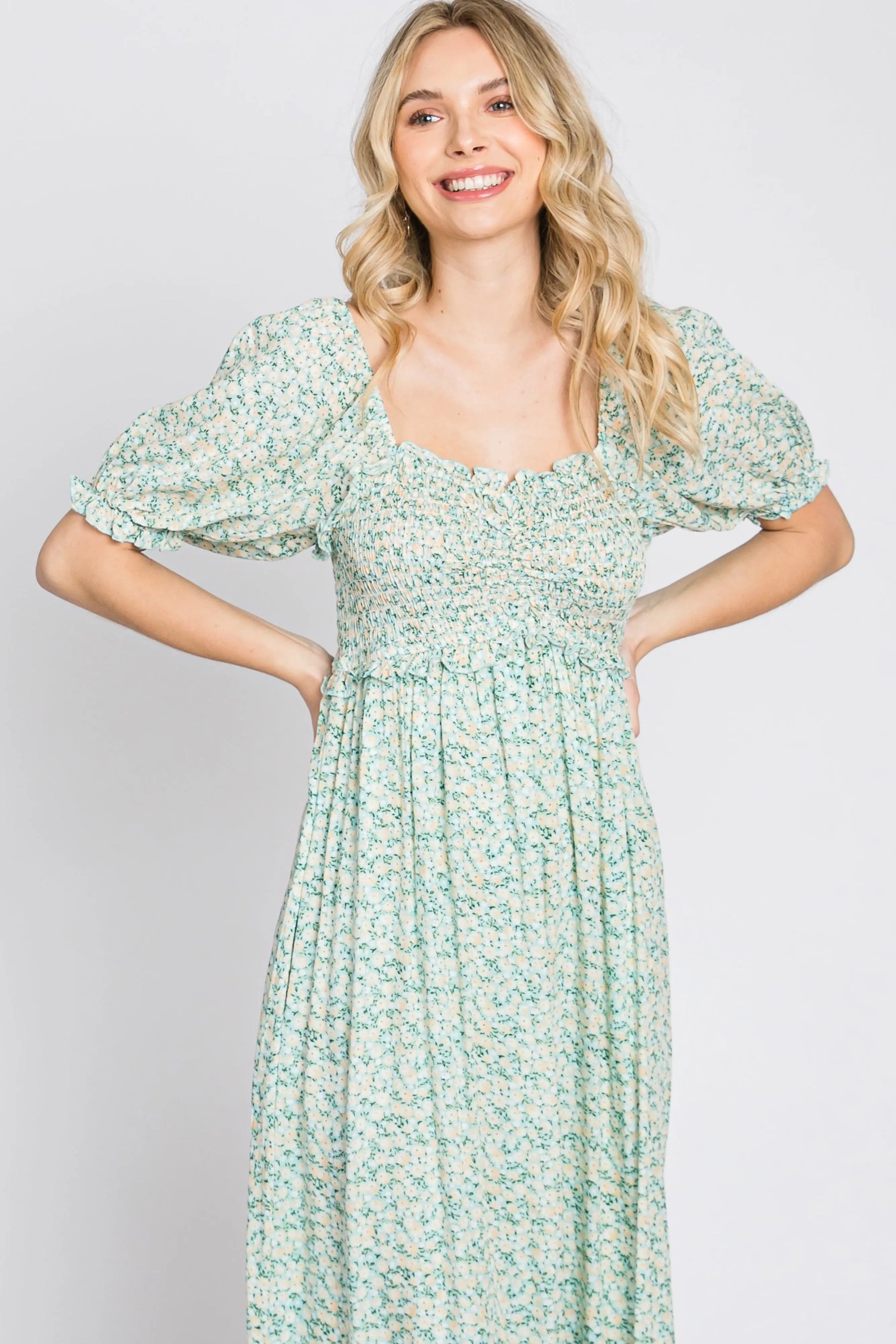 PinkBlush Mint Floral Sweetheart Neck Midi Dress - 