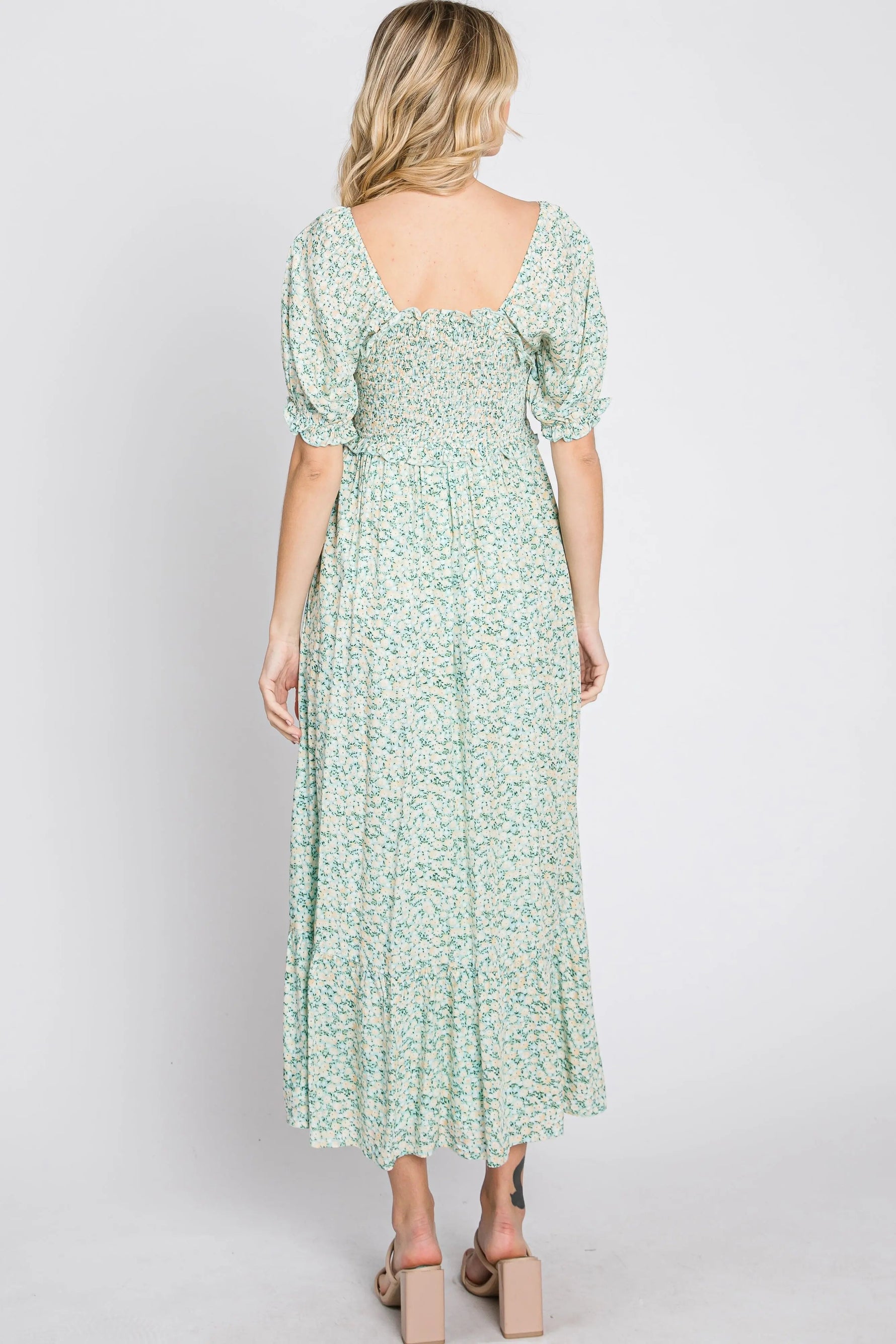PinkBlush Mint Floral Sweetheart Neck Midi Dress - 