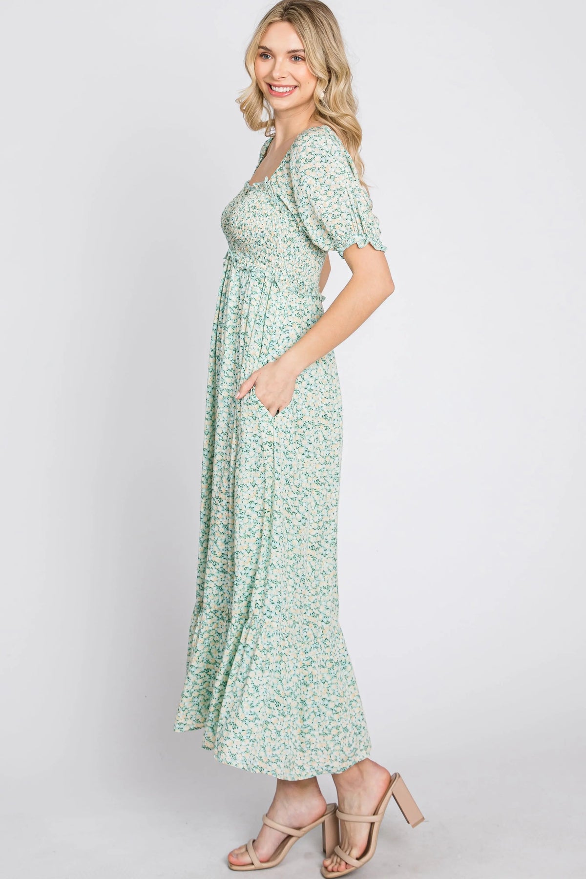 PinkBlush Mint Floral Sweetheart Neck Midi Dress - 