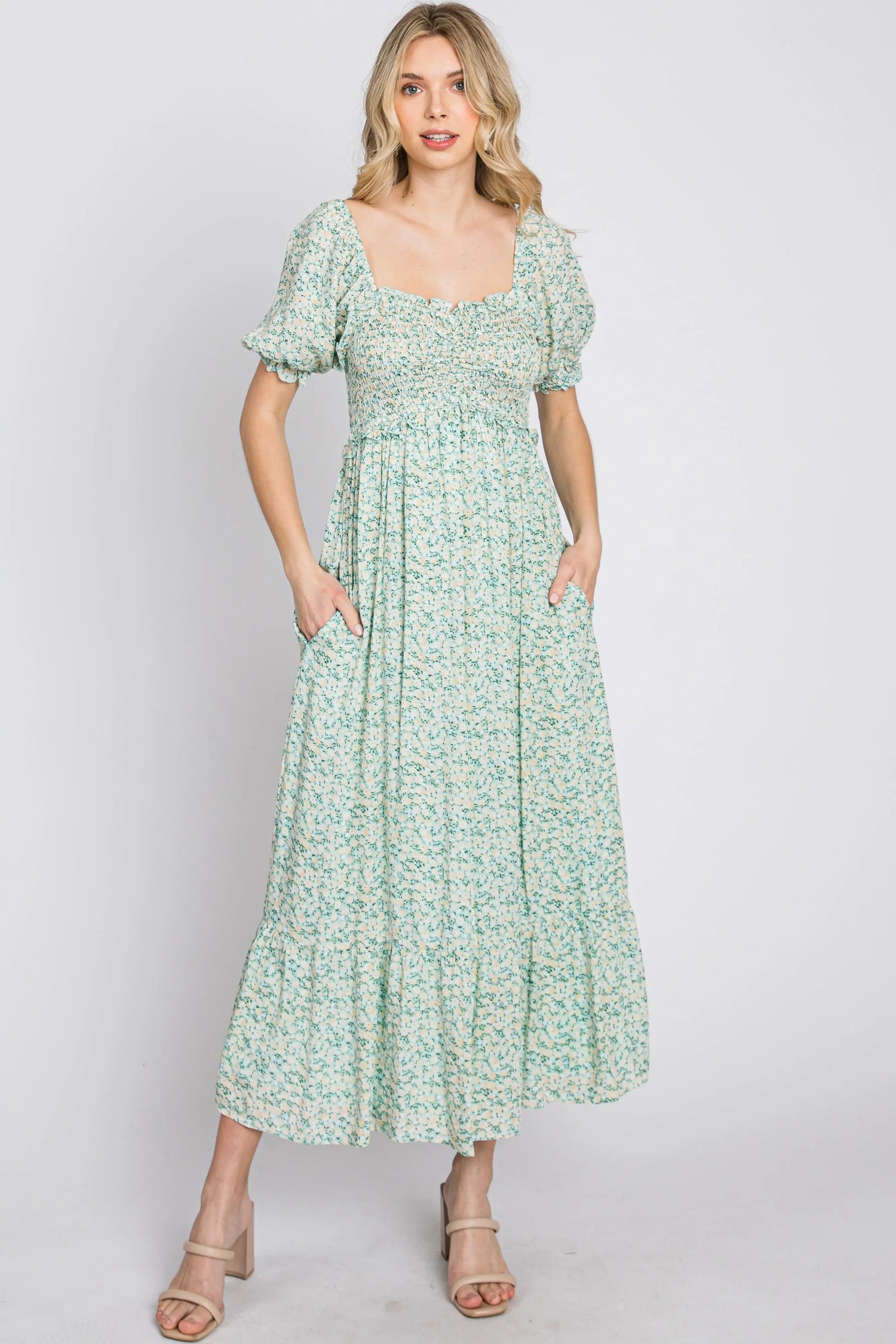PinkBlush Mint Floral Sweetheart Neck Midi Dress - 