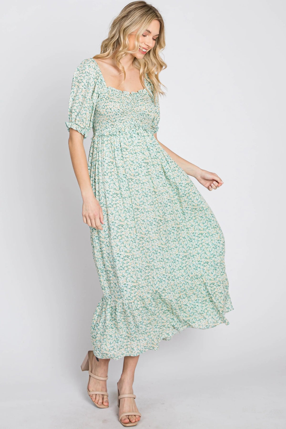 PinkBlush Mint Floral Sweetheart Neck Midi Dress - 
