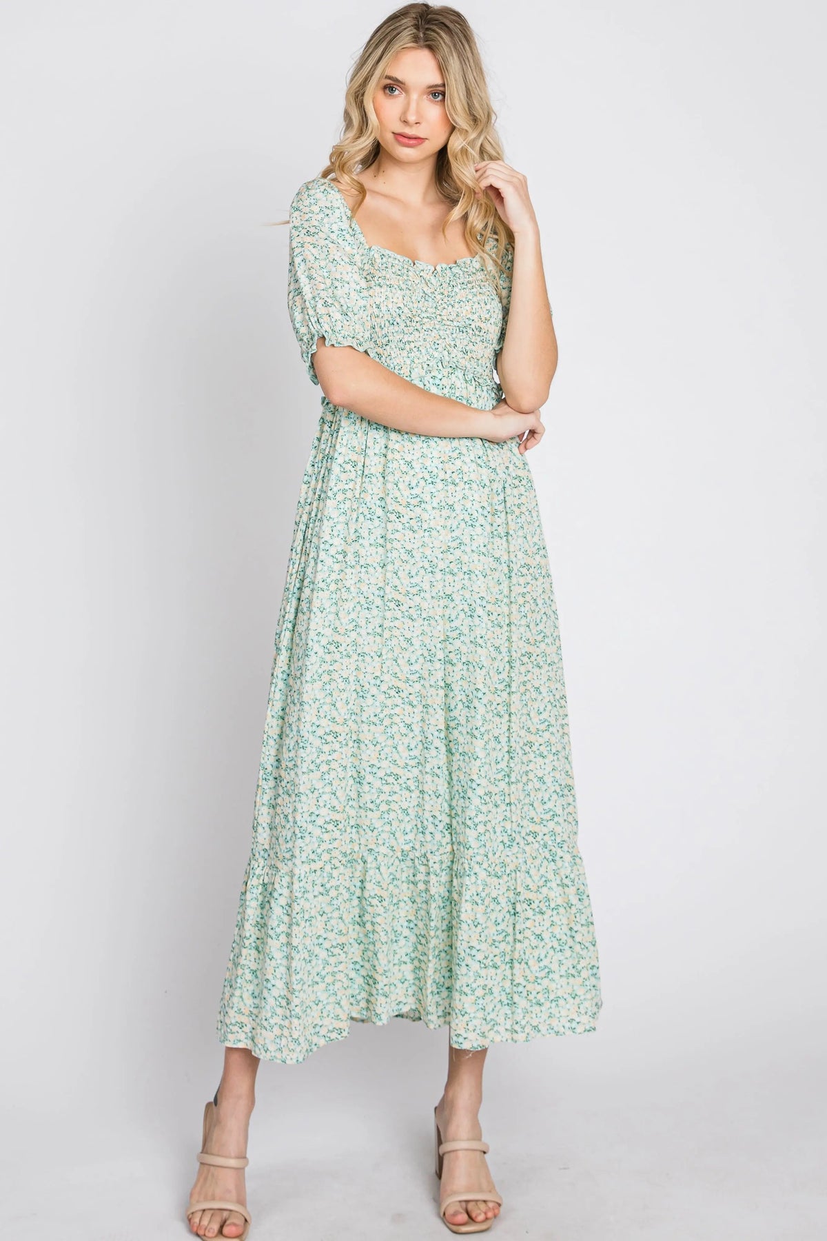PinkBlush Mint Floral Sweetheart Neck Midi Dress - 