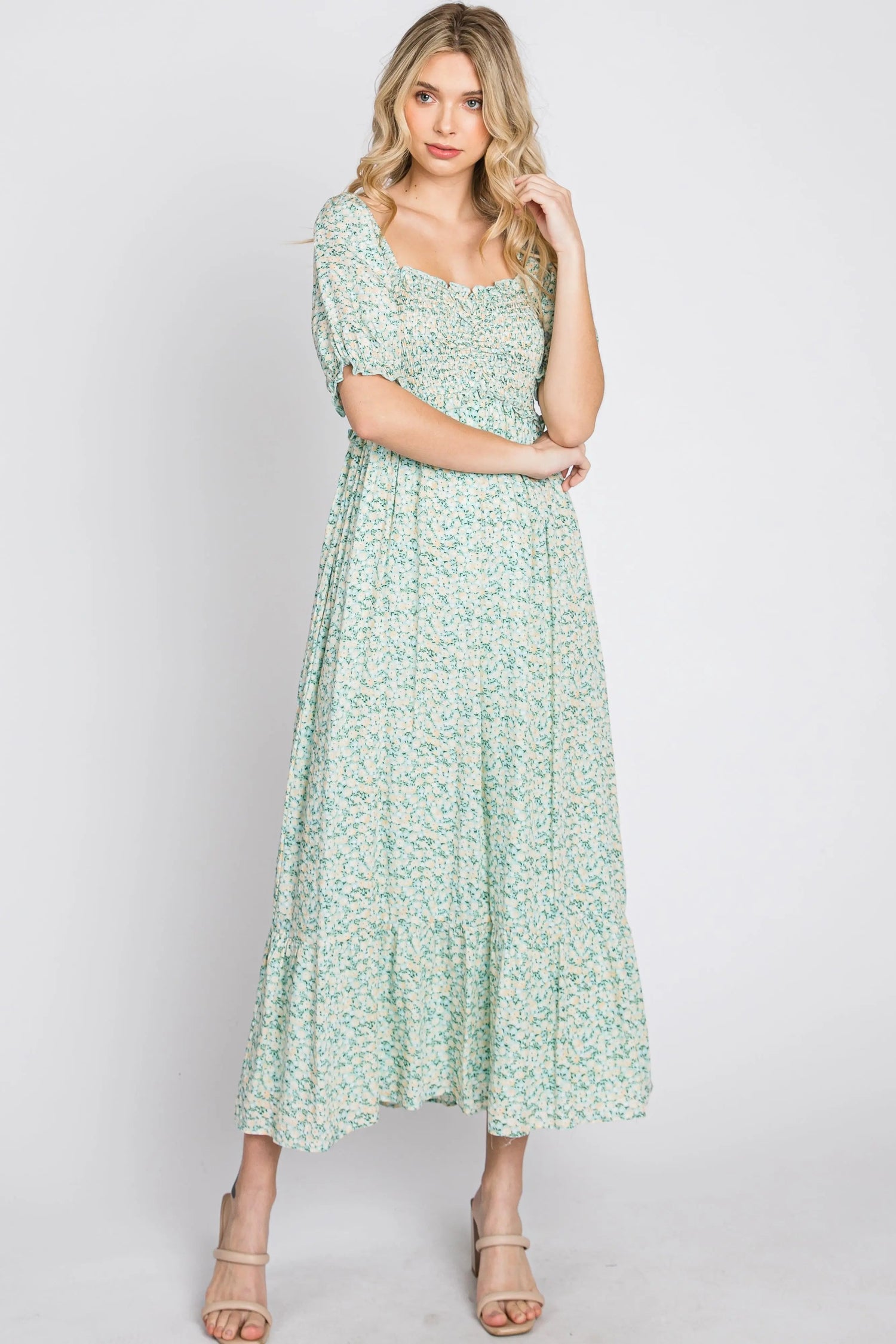 PinkBlush Mint Floral Sweetheart Neck Midi Dress - 