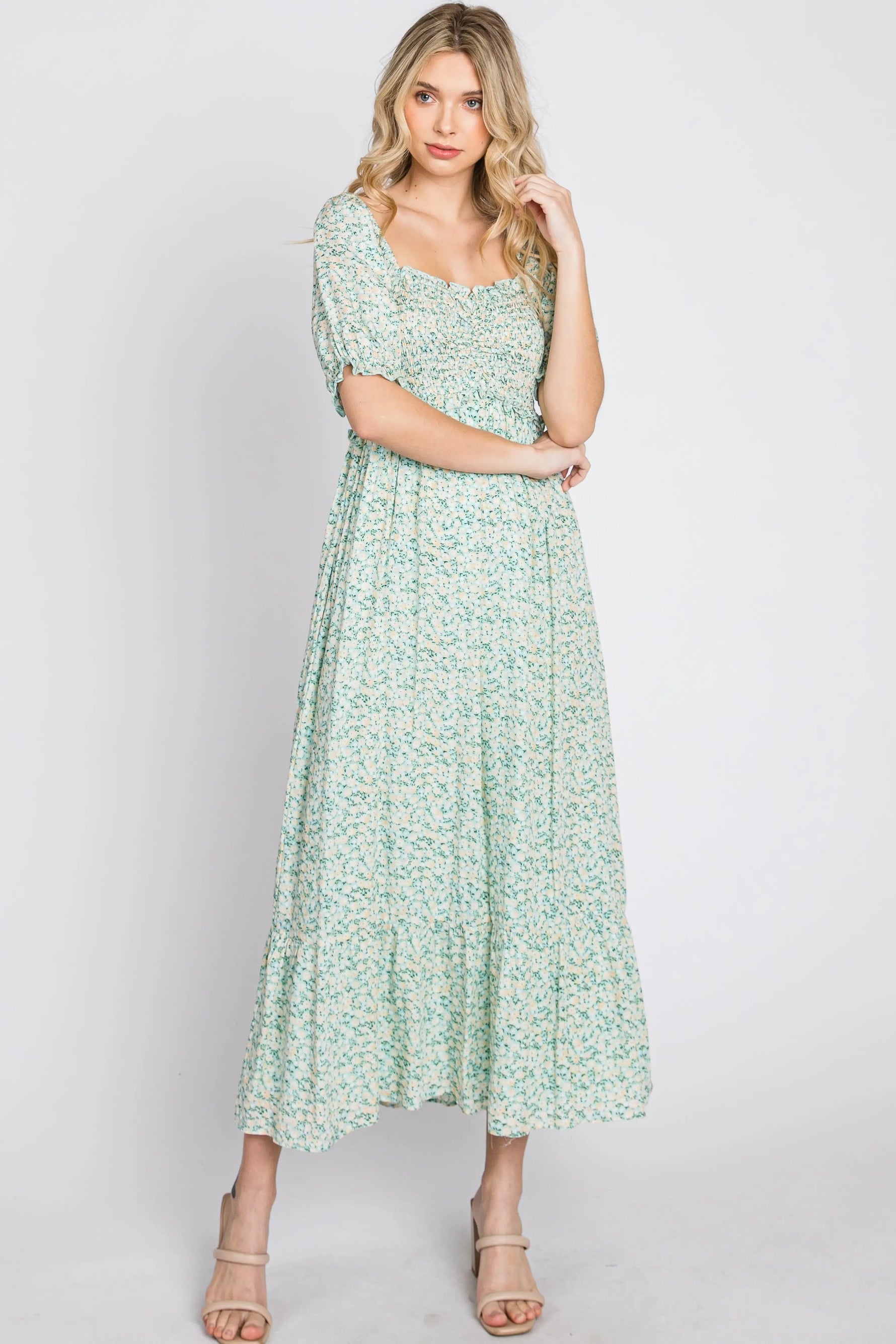 PinkBlush Mint Floral Sweetheart Neck Midi Dress - 
